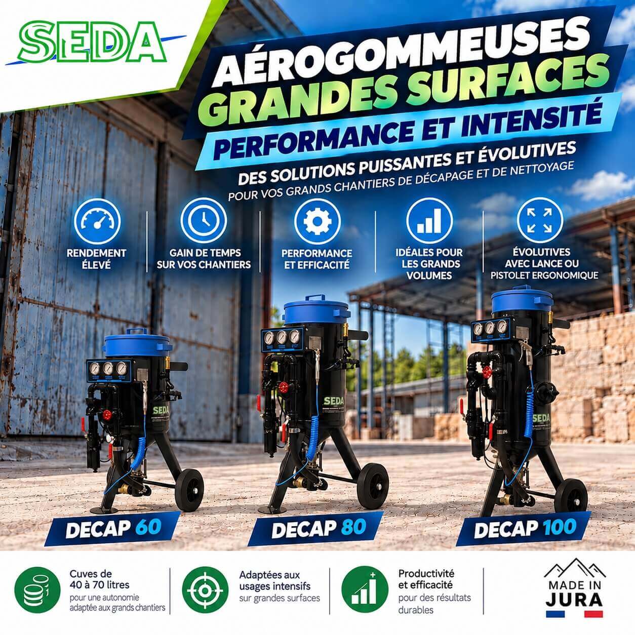 Aérogommeuses pour décapage de surfaces grand volume